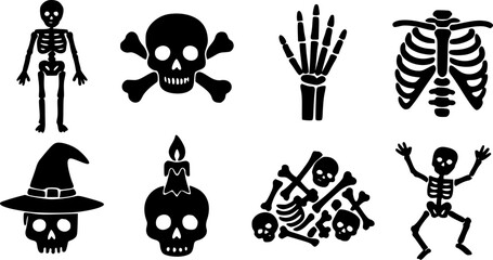 Naklejka premium Detailed black skeleton vector illustration featuring skulls, bones, hands, rib cages, and festive witch hats for creative Halloween design projects