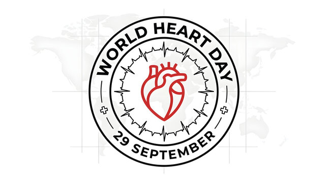 World heart day round badge emblem with anatomical heart icon and 29 september text, september