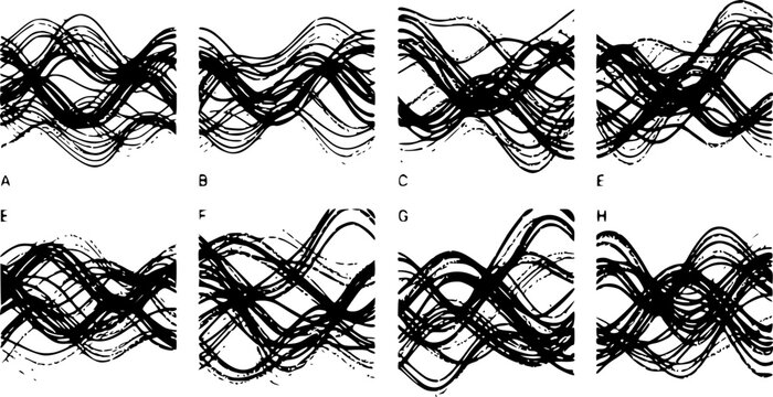Abstract vector graphic illustration displaying multiple overlapping sine wave patterns rendered in stark black lines against a clean white background