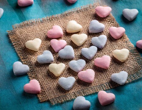 pastel heart shaped candies arranged on rustic burlap fabric