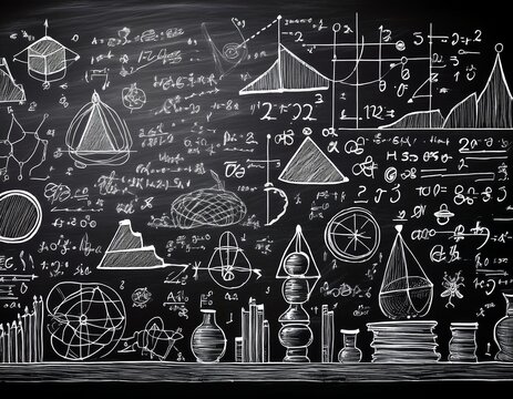 hand drawn math and science formulas on chalkboard background educational doodle style classroom texture for school design