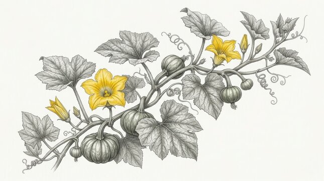 Botanical illustration of a pumpkin vine with yellow flowers and small green pumpkins isolated on white background