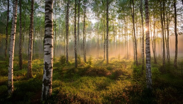 a serene forest scene with sunlit birch trees and a misty atmosphere
