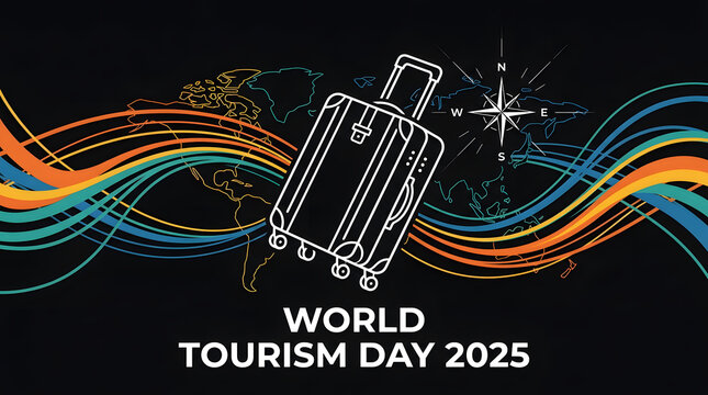 World tourism day 2025 celebration graphic featuring travel suitcase and colorful wave lines, suitcase