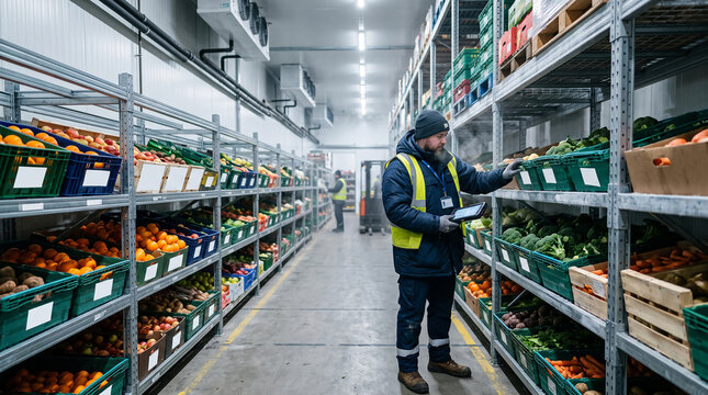 Worker restocking shelves in a large commercial cold storage warehouse