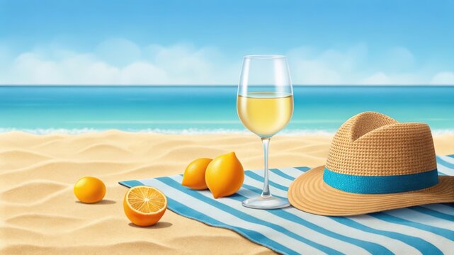 Glass of white wine with fresh lemons and a straw hat on a blue striped towel at the tropical sandy beach by the sea