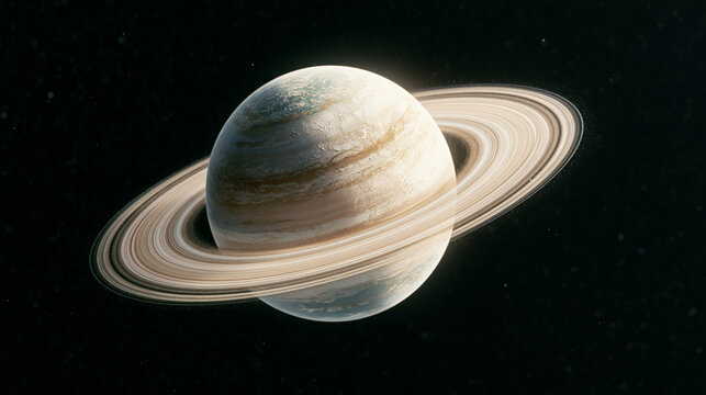 Realistic planet Saturn with rings floating in deep space against star field.