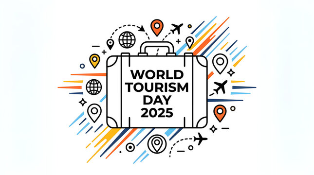 World tourism day 2025 minimal line art design featuring a travel suitcase and navigation pin icons