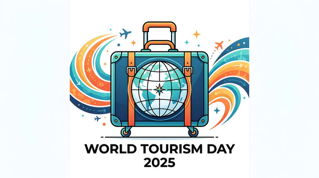 World tourism day 2025 celebration concept with travel suitcase globe and colorful abstract art