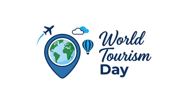 World tourism day typography banner with earth globe pin hot air balloon and flying airplane, location