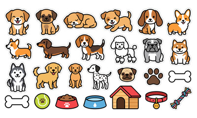 Obraz premium Cute cartoon dogs and pet accessories set