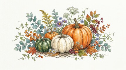 Fototapeta premium Watercolor illustration of autumn harvest with pumpkins, colorful fall leaves, berries, and wildflowers isolated on white background
