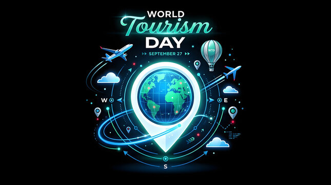 World tourism day glowing neon style concept with earth globe pin hot air balloon and airplane