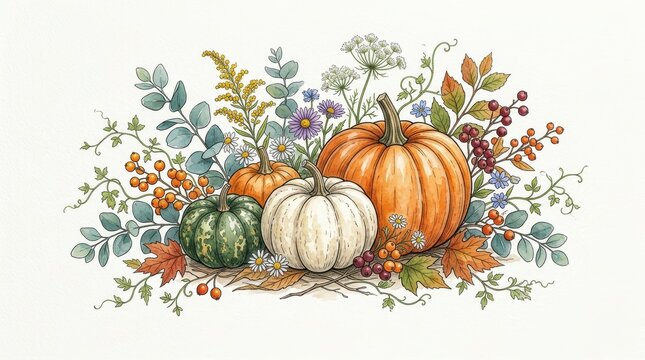 Watercolor illustration of autumn harvest with pumpkins, colorful fall leaves, berries, and wildflowers isolated on white background