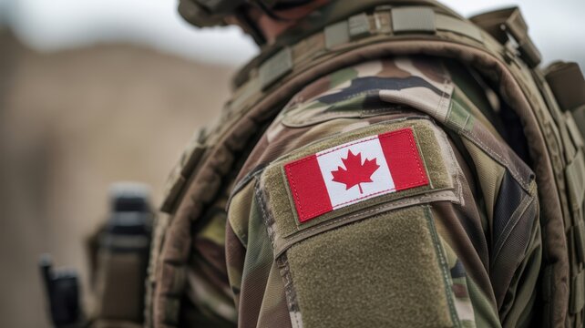 Close up of Canadian soldier shoulder patch with maple leaf flag on tactical military uniform for Remembrance Day tribute Remembrance Day