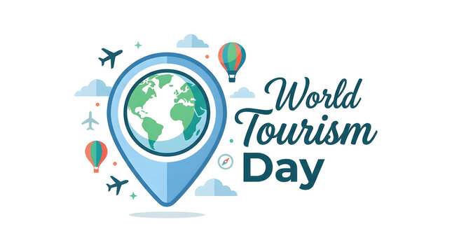 World tourism day greeting card design featuring a globe inside a large navigation pin and airplanes