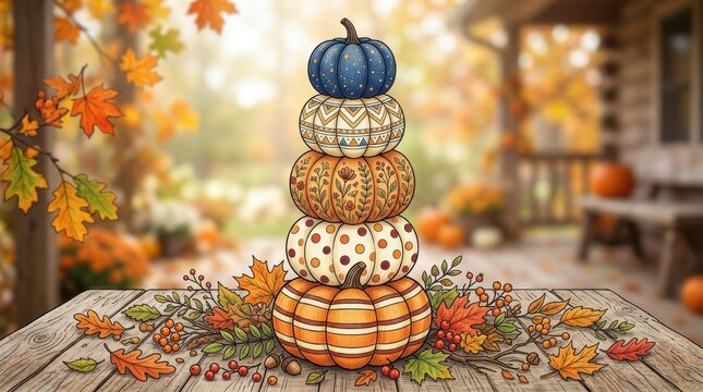 Stacked decorative pumpkins with various patterns on a rustic wooden table surrounded by autumn leaves and berries, festive fall harvest seasonal decor