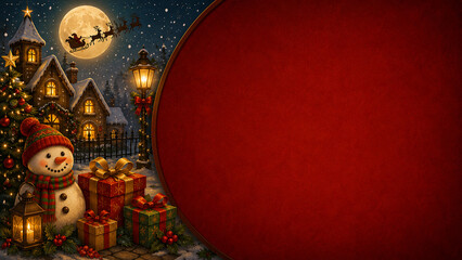 Fototapeta premium Christmas PowerPoint Background with Snowman, Gifts, Winter Village and Red Copy Space