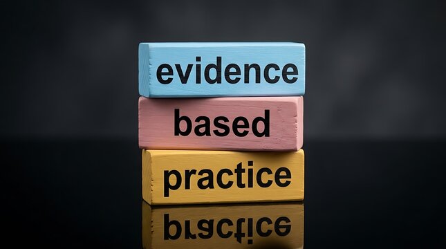 Three stacked wooden blocks with words evidence based practice printed in black letters on colored background.
