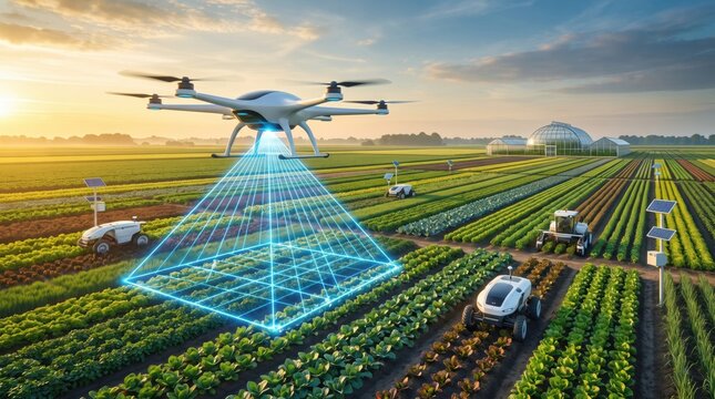 Smart drone scanning agricultural field with digital laser grid for precision farming.