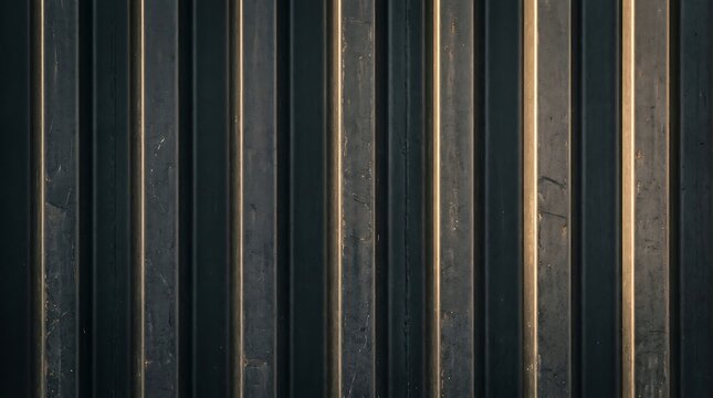 Close-up of weathered corrugated metal siding with vertical grooves and texture, suitable for industrial backgrounds.