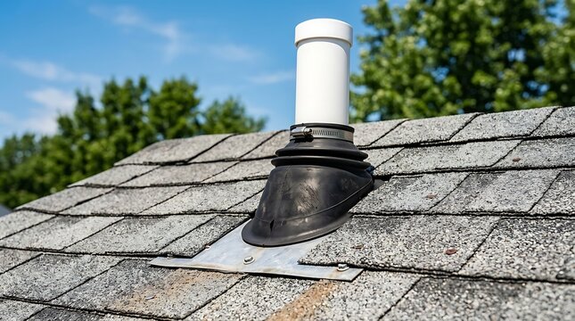 Close-up view of a roof vent pipe with black rubber seal and metal base on gray asphalt shingles under blue sky.