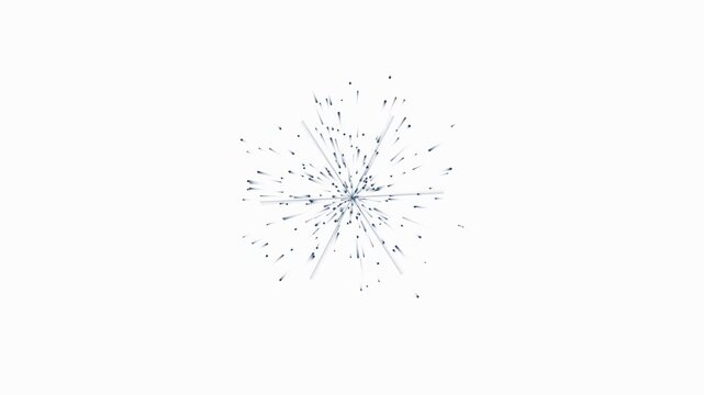 Dynamic blue particle explosion bursting outward with radiating light rays and scattered energy fragments on a crisp white background for scientific research data visualization and physics concepts