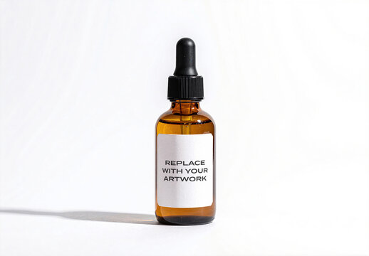 Glass dropper bottle mockup with blank label on surface, minimalist product presentation for branding, packaging design, and commercial advertising display, template cosmetic, skincare