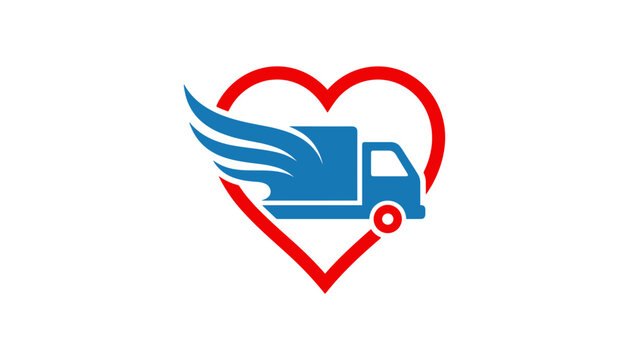 Fast delivery truck logo vector icon with wings inside a red heart shape for expressive care shipping services