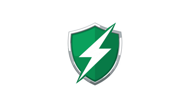 Green security shield logo featuring a powerful white lightning bolt symbol for fast data protection and energy safety