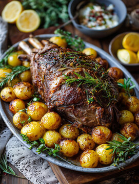 Roasted lamb leg with rosemary and baby potatoes