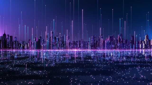 Futuristic smart city skyline blue, purple and pink digital lights with rising data signals across a reflective grid. urban technology, IoT, AI infrastructure, connectivity and future city concepts.