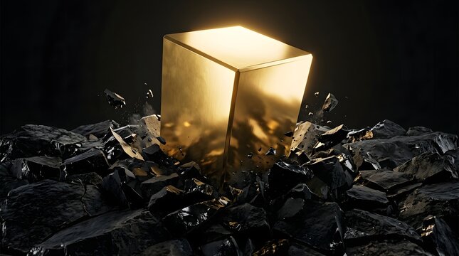 Flawless solid gold cube breaking through rough dark rocks symbolizing wealth discovery and inner potential within harsh business environments