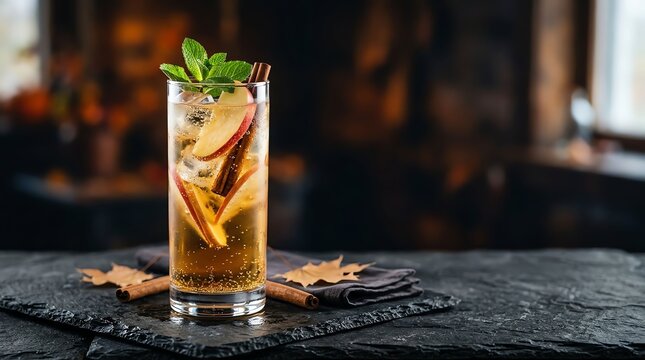 Refreshing iced apple cocktail in a tall glass garnished with fresh mint and cinnamon sticks on stone