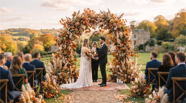 Beautiful bride and handsome groom exchanging vows under an elegant floral arch during their romantic autumn outdoor wedding ceremony celebration