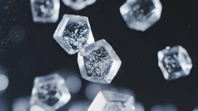 Macro photography of translucent white sugar or salt crystals falling on black background