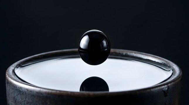 Perfectly smooth dark sphere hovering above calm water surface reflecting balance and absolute precision for mindfulness and advanced technology themes