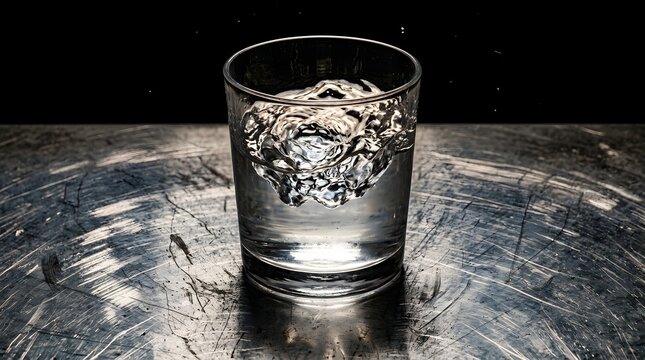 Strong surface ripple of water splashing inside transparent glass on scratched metal table illustrating sudden impact and hidden emotional distress