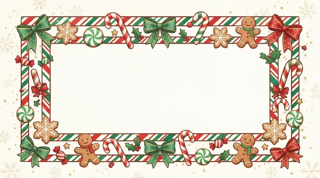 Festive striped winter holiday border featuring traditional red white and green sweet confectionery shapes and decorative bows for seasonal greeting invitations christmas border frame candy cane