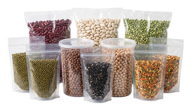 Assorted dried legumes in plastic packaging, variety of beans and pulses in transparent pouches, bulk pantry staples collection isolated PNG with Transparent Background