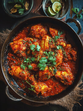 Spicy chicken karahi curry in a rustic pan
