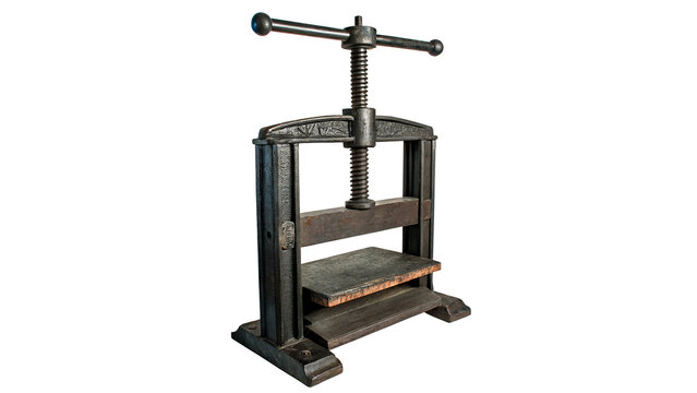 Vintage traditional wooden mechanical press printing bookbinding machinery tool isolated on white background
