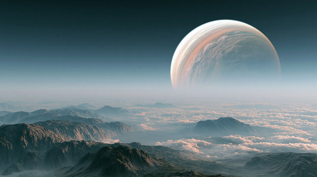 Rugged mountainous landscape featuring a giant planetary orb in a hazy atmosphere for science fiction world building.