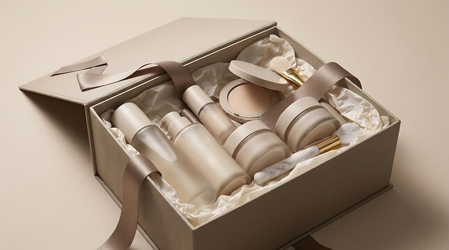 Luxury cosmetic gift box set containing various skincare bottles and creams for face and body care