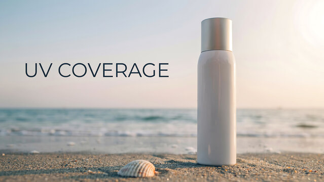 White sunscreen spray bottle standing on a sandy tropical beach during a sunny day with text overlay