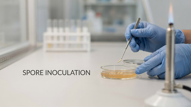 Scientist performing a microbiology spore inoculation experiment using an inoculating loop and agar petri dish