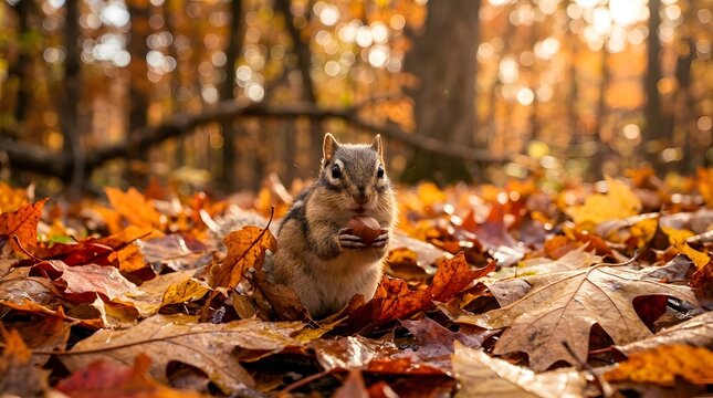 A cute chipmunk standing upright in a forest filled with vibrant colorful autumn leaves during the fall season