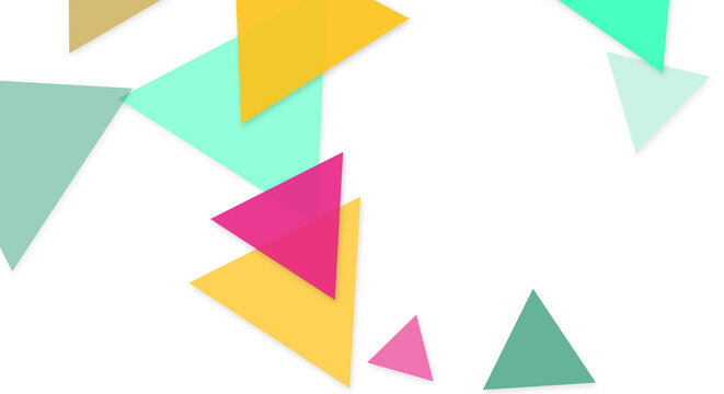 Dynamic falling colorful triangles in yellow cyan pink and green. Playful geometric abstract vector graphic decoration for modern templates. Transparent png cutout object element.