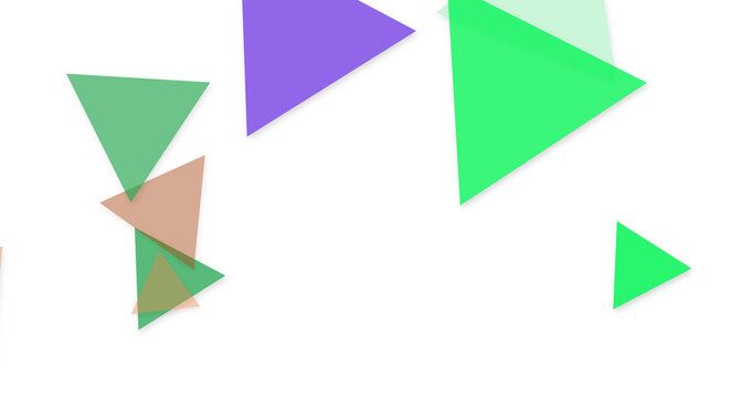Scattered floating triangles in green purple and brown colors. Modern abstract geometric vector background layout for creative designs. Isolated transparent png cutout object.