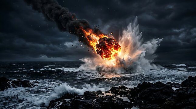 Fiery meteor impact explosion in dark stormy ocean at night with dramatic lighting and splashing waves creating catastrophic event.